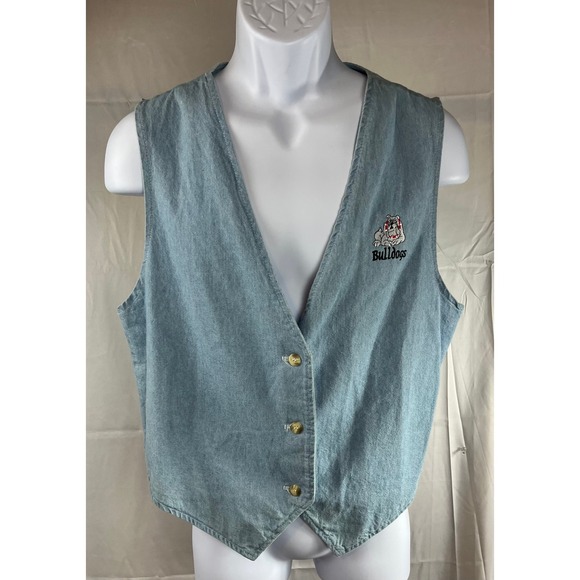 Vtg Three Rivers Authentic Denim Vest Large Bulldogs Embroidered Light Wash 90s - Picture 5 of 9